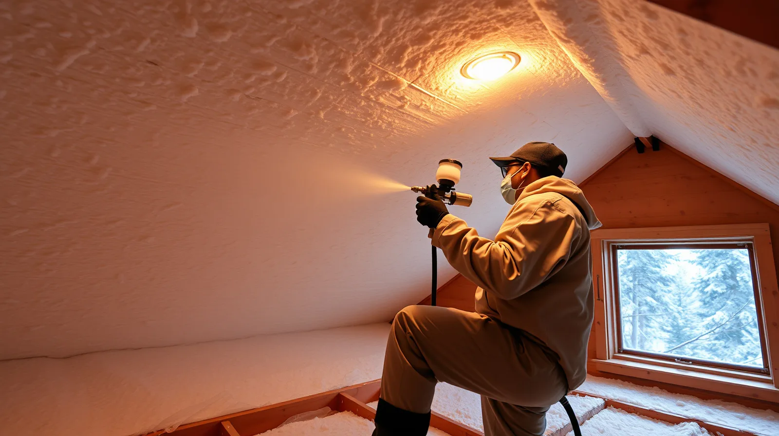 Technician spray-applying closed-cell spray foam insulation into an attic roof deck in Show Low, Arizona