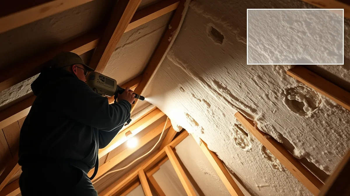 Technician spraying foam insulation onto an attic roof deck